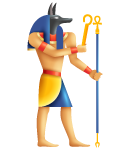 Illustration of Anubis, the ancient Egyptian god of the afterlife, with a jackal head, wearing traditional garments and holding a staff.
