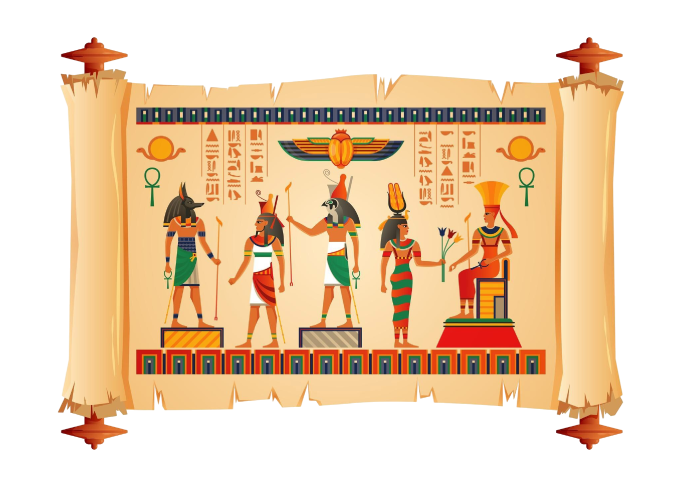 Ancient Egyptian papyrus scroll depicting gods and hieroglyphs in a ceremonial scene.